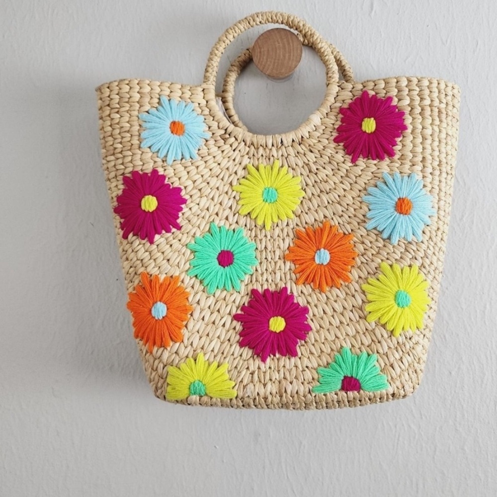 Poolside Susan Straw Floral Embroidered Basket Bucket Tote